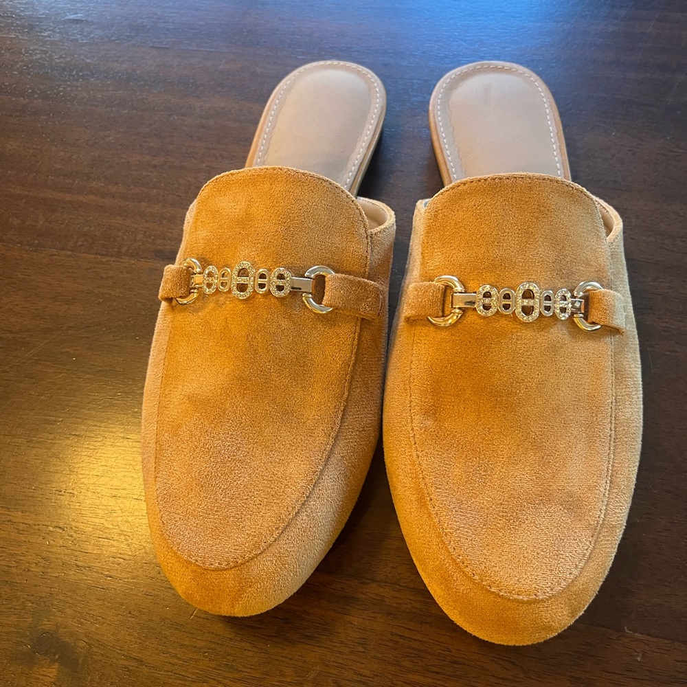 Elegant Tan Suede Mules with Gold Accent